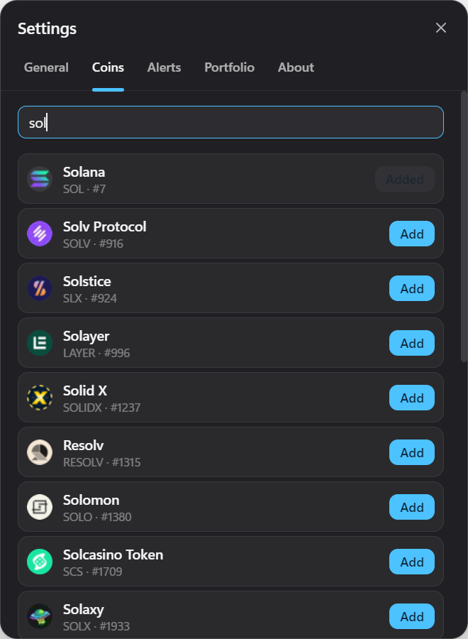 DeskPulse coin search results for “sol” with Add buttons and the current coin list
